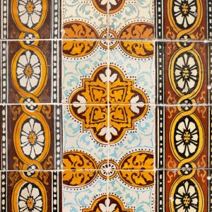 Vibrant traditional Portuguese tiles with intricate patterns found in Lisbon, Portugal.