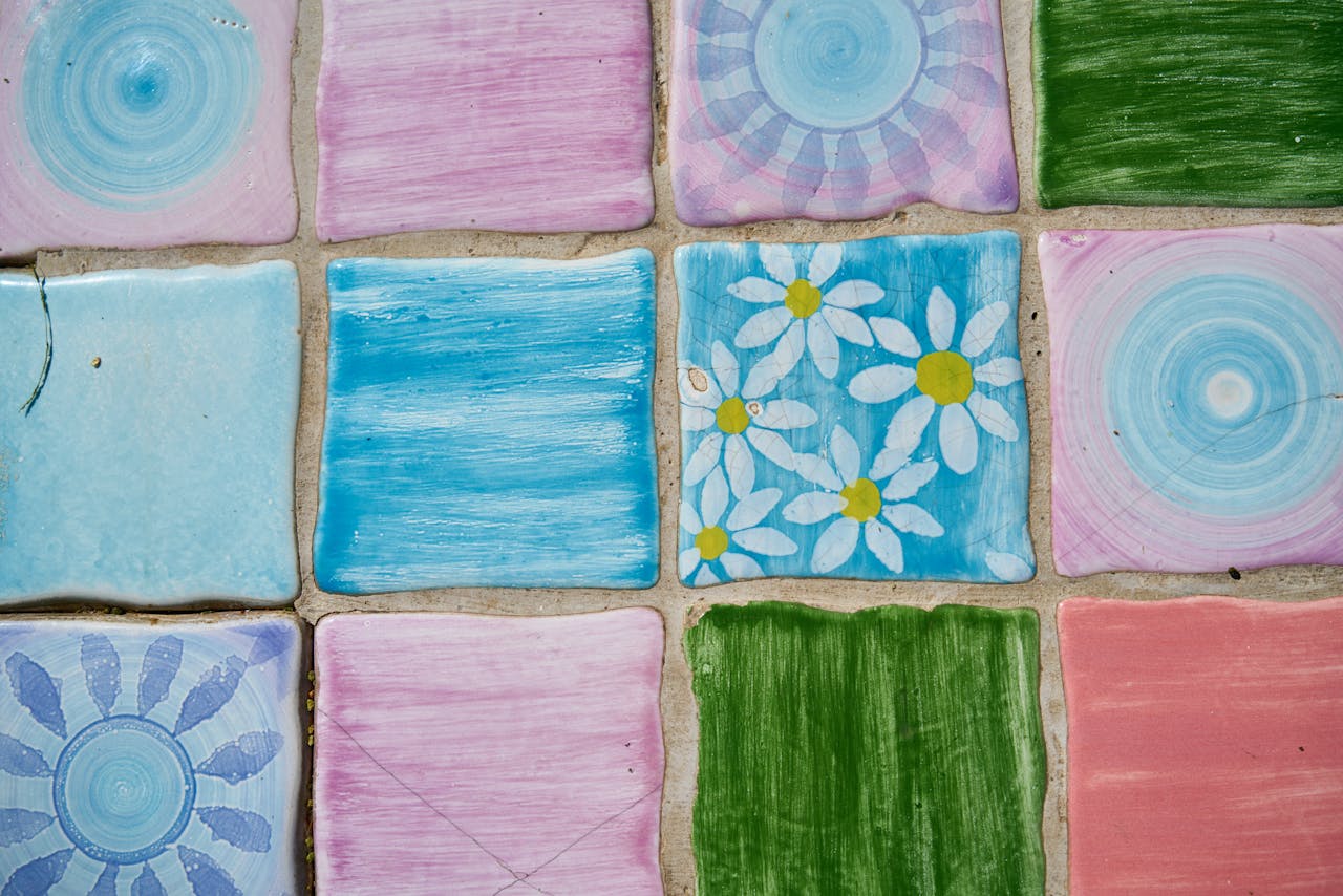 Vibrant abstract tiles featuring floral designs and pastel colors for creative spaces.